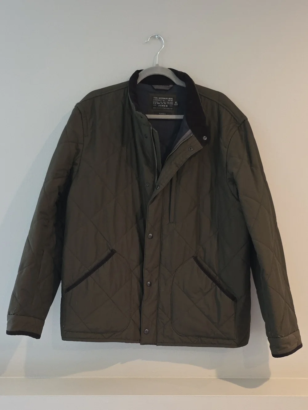 J. Crew Quilted Olive Green Jacket with Contrast Collar